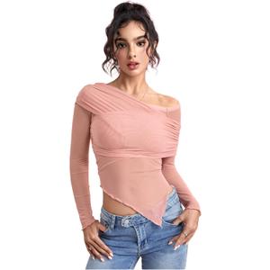 SweatyRocks Women's Asymmetrical Neck Long Sleeve T Shirt Lettuce Trim Slim Fitted Mesh Tops (Pink)