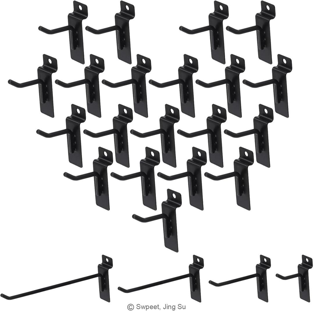 Swpeet 20Pcs 2 Inch Heavy Duty Slatwall Hooks Assortment Kit, Slatwall Accessories Slatwall Panel Hooks Garage Organization Slat Wall Hook Pegboard Gridwall Hook Display Hook for Retail Black