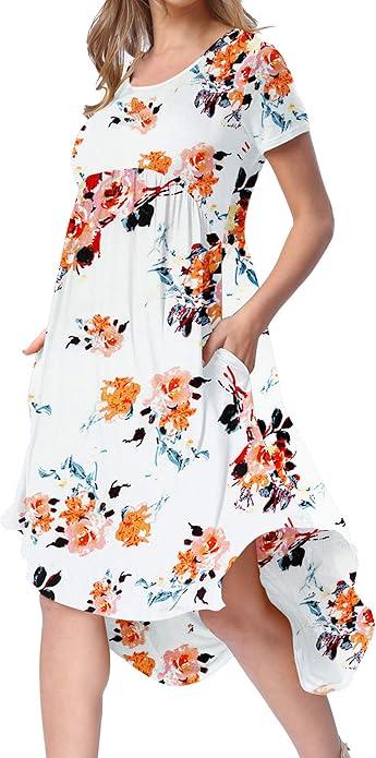 levaca Women's Scoop Neck Pockets High Low Pleated Loose Swing Casual Midi Dress, Size S