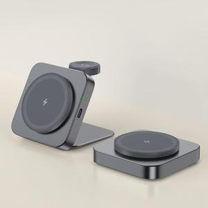 15W Aluminium Alloy Folding 2-in-1 Wireless Charger for Apple Magsafe Stand for iPhone 16pro Watch Ultra2 AirPods (Black)