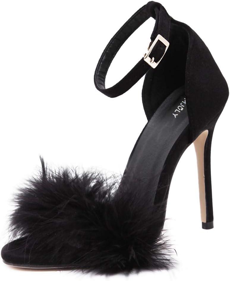 MMJULY Women's Open Toe Ankle Strap Fluffy Feather Stiletto High Heel Dress Sandal (8, Black)