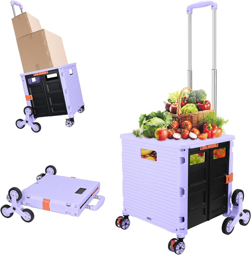 FELICON SELORSS Folding Utility Cart Portable Rolling Crate Handcart with Stair Climbing Wheels&360Swivel Wheels Telescoping Handle Plastic Box Dolly for Travel Shop Move Office Teacher Use(Purple) (BY06C-Climber Wheels)