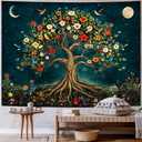 Amtoodopin Tree of Life Tapestry Mystic Boho Flowers Tapestry Vintage Aesthetic Tree Wall Tapestries Retro Nature Floral Plants Tapestries Wall Hanging for Bedroom
