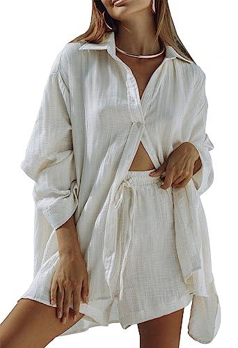 Fixmatti Two Piece Sets for Women Long Sleeve Button Down Shirt and High Waist Shorts Sweatsuit White XL