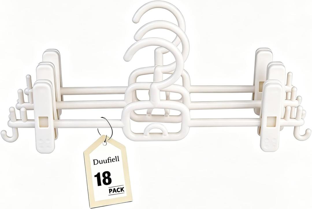 18 Pack Pants Hangers with Clips-Stackable White Plastic Trouser Skirt Hangers, 360 Swivel Hook, Adjustable Non-Slip Clips, Space Saving Closet Organizers for Jeans, Baby Clothes, Drying