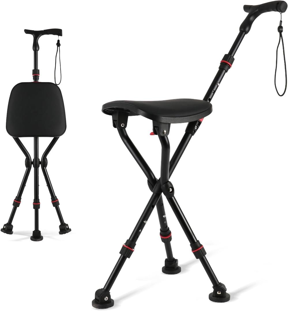 Walking Cane with Seat Holding 400 lbs Heavy-Duty Folding Cane Chair with Upgraded Detachable 3 Legs, ABC Markings, Adjustable 19"-22" Seat Height, Large Comfort Seat for Seniors