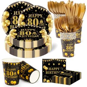 350PCS 80th Birthday Party Decorations for 50 Guests Black and Gold Party Supplies Include Disposable Paper Plates, Napkins, Cups, and Tableware