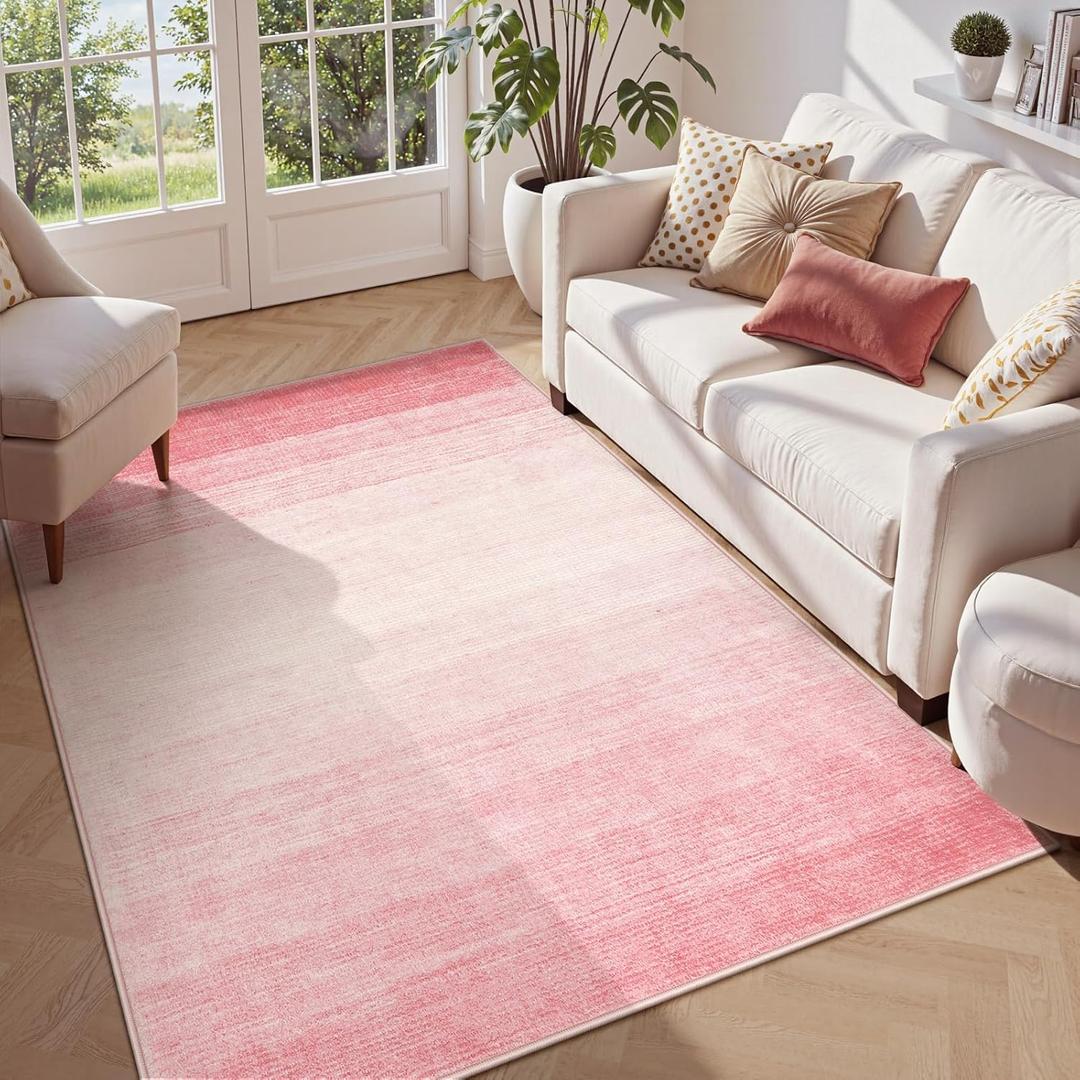 Wonnitar Pink Washable 4x6 Rug, Modern Ombre Rugs for Girls Bedroom, Soft Non-Slip Nursery Area Rug, Contemporary Non-Shed Kids Room Low Pile Throw Carpet for Dorm Playroom Living Room (Pink, 4'x6')