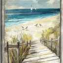 Framed Beach Seascape Wood Artwork: Vertical Rustic Ocean Boardwalk Artwork Vintage Coastal Wave Scene Painting Nature Sea Grass Wall Art Contemporary Nautical Landscape Prints for Bedroom (36L" x 24W")