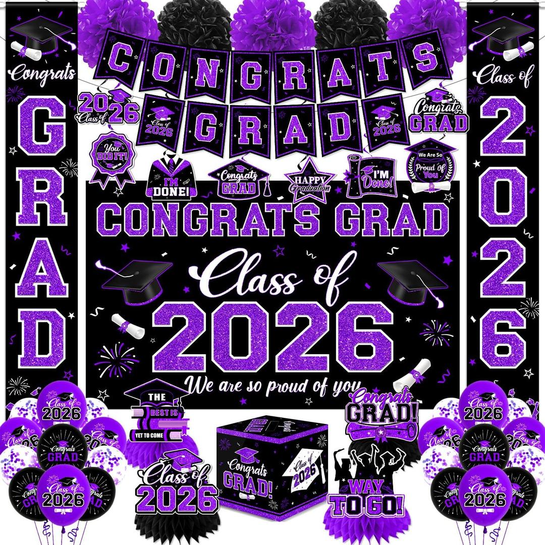 Graduation Decorations Class of 2026,Purple Graduation Decorations 2026- Congrats Grad Decorations Banner Hanging Swirls,Graduation Card Box,Paper Pompoms,Balloons,Porch Sign for College Grad Party