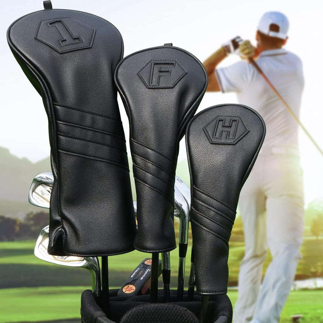 Premium Golf Club Covers, 3 Pack Golf Club Head Covers for Driver, Fairway Woods and Hybrid, Golf Head Covers Fit Most Golf Clubs PU Leather Classic Black  Premium Golf Club Covers, 3 Pack Golf Club Head Covers for Driver, Fairway Woods and Hybrid, Golf Head Covers Fit Most Golf Clubs PU Leather Classic Black