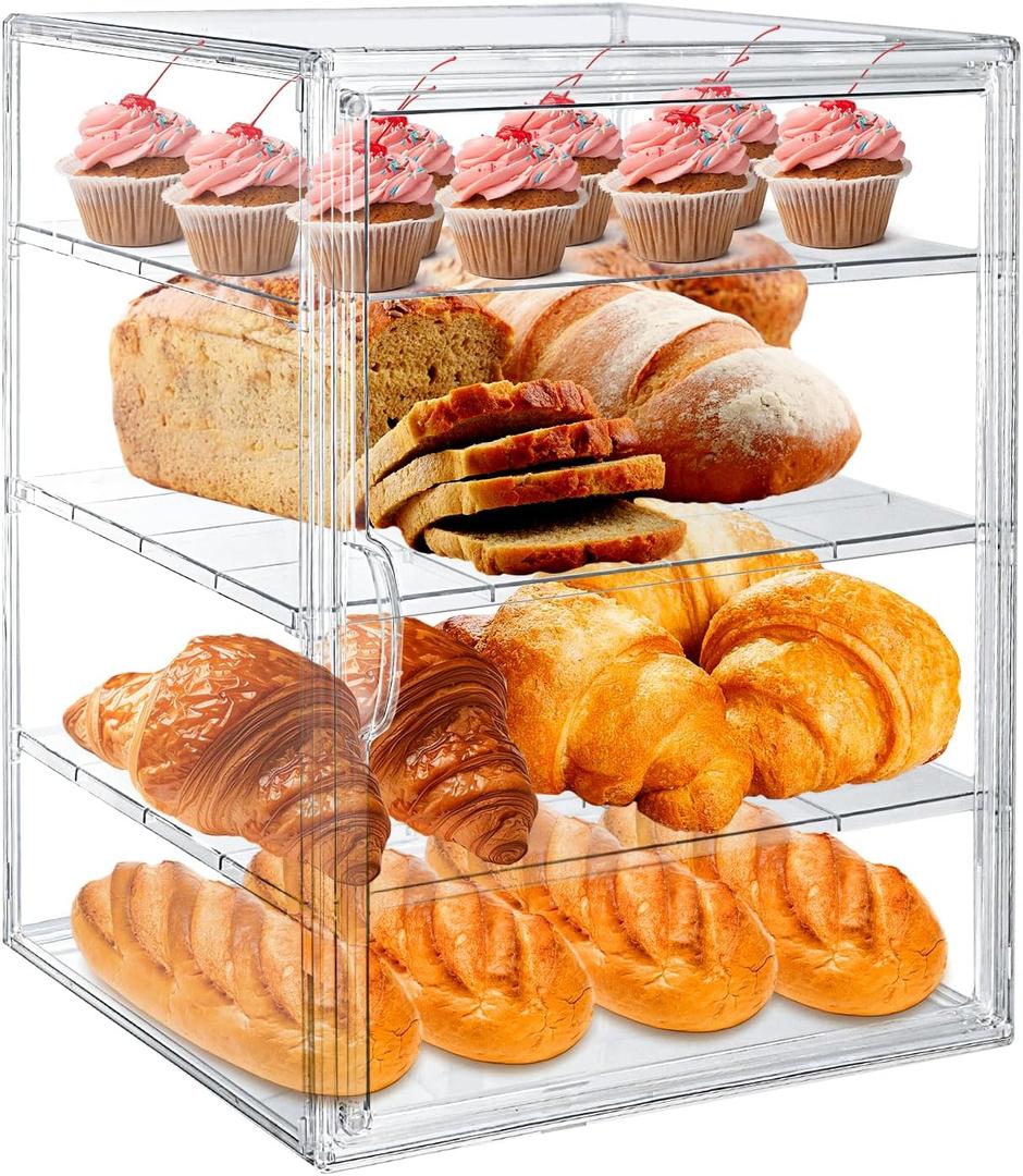 15.5 x 11.4 x 9.8 Inch 4-Tier-Party Display Case, Bakery Display Case Countertop,Adjustable Clear Bread Storage with Magnetic Door Bakery Pastry Display, Cookies and Donuts