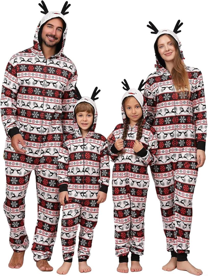 VNVNE Matching Christmas Onesie Pajamas for Family/Couples/Women/Men, Xmas Holiday Reindeer Striped Adults Pjs Sleepwear (M)