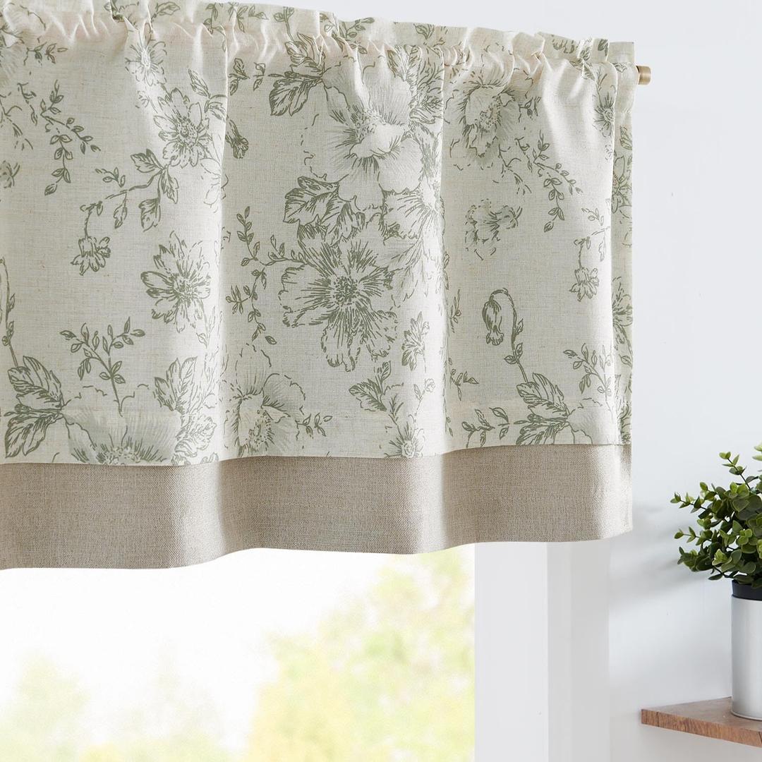 jinchan Linen Floral Valance Double Layer Kitchen Window Curtain Green Flower on Beige Valance for Living Room Cafe Farmhouse Light Filtering Rustic French Country Sage 18 Inch Rod Pocket 1 Panel