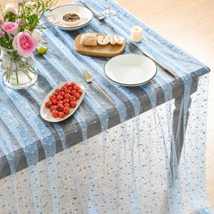 Horaldaily Light Blue Gold Sparkling Star Gauze Tablecloth 60x104 Inch Rectangular, Blue Star Sequin Glitter Metallic Foil, Sheer Tulle Cheesecloth for Wedding Baby Shower Party