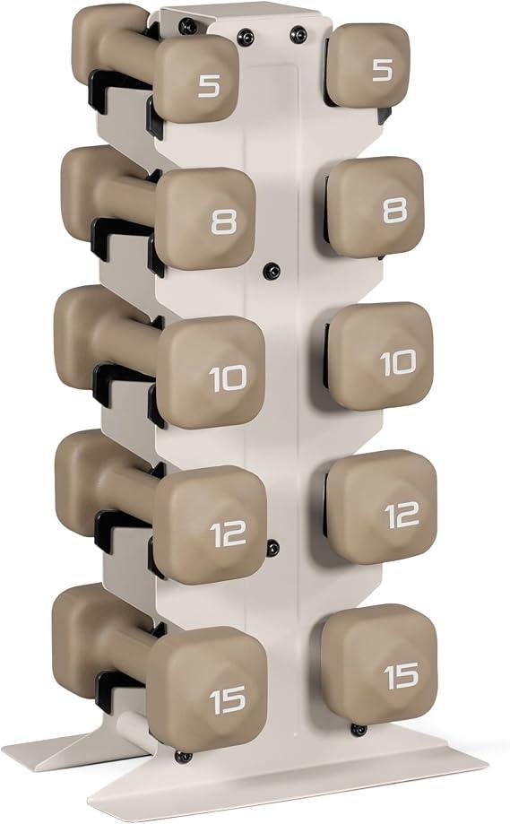 Tone Fitness 100 LB Neoprene Dumbbell Set with Storage Rack – Non-Slip, Anti-Roll Hand Weights for Home Gym Workouts | Light Gray Rack and Beige Dumbbells
