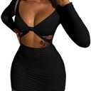 XXTAXN Women's Sexy Bodycon Deep V Neck Long Sleeve Cut Out Club Mini Dress Black M