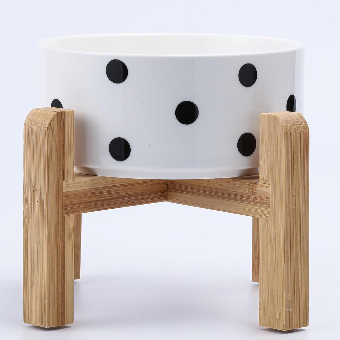 Petygooing Elevated/Raised Ceramic Dog Bowl for Small Breeds, Dog Food Water Dish with Stand,Pet Feeding Bowl with Anti Slip Rubber for Cats and Small Dogs Puppy 13.5 OZ (5.1In / 1.7 Cups) Black Dot