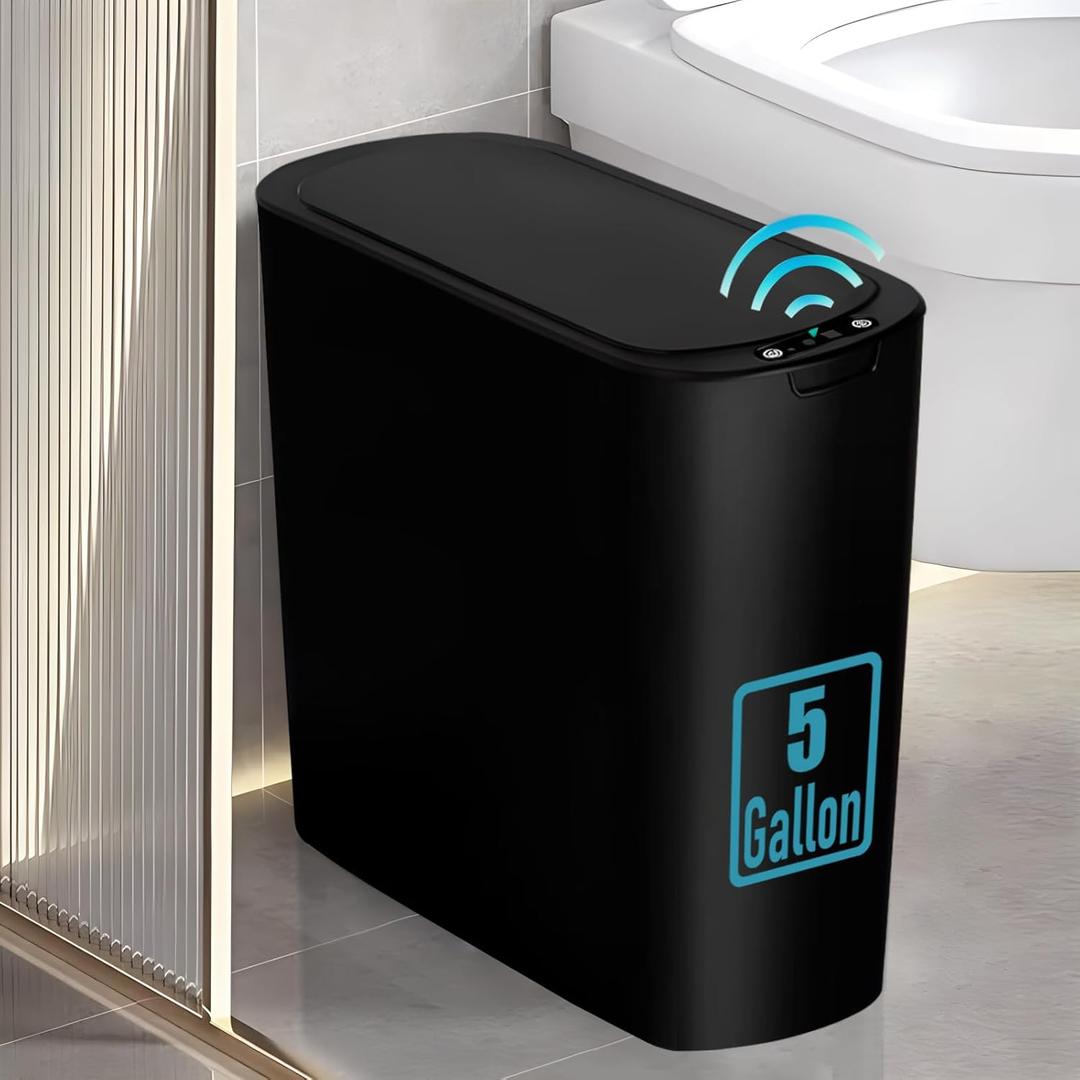Tipgo 5 Gallon Motion Senor Bathroom Trash Can with Lid, Automatic Garbage Can Touchless, Smart Plastic Waste Basket for Narrow Spaces, Bathroom, Office, Bedroom, Living Room (Black)