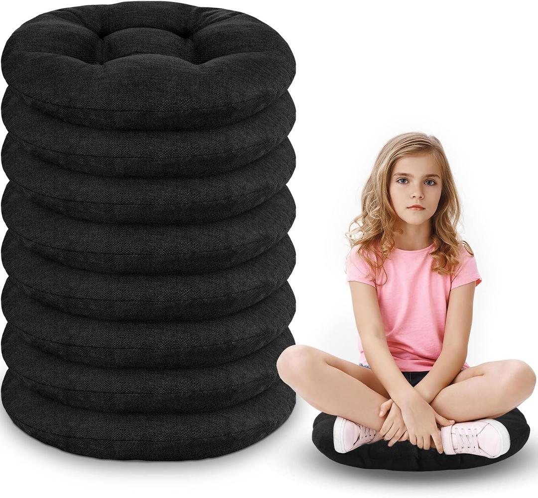 Fumete 8 Pcs 16 Inch Round Floor Cushions for Kids and Toddlers, Flexible Seating Classroom Furniture Floor Pillow for Home, Daycare, Preschool, Yoga and Meditation (Black), 16 x 16 x 3.6 inches