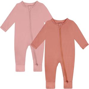 GUISBY Baby Footless Rompers, Rayon Pajamas 2 Way Zipper with Long Sleeve Sleeper, Orange-pink, 18-24 Months