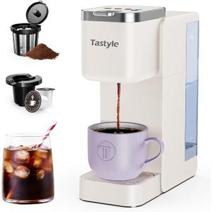 Tastyle Single Serve Coffee Maker, Iced and Hot Coffee Machine for K Cup & Grounds, Compact Design, 40oz Removable Water Reservoir, 6 to 24 Oz Brew Sizes, Fits 7.3" Travel Mug, Beige