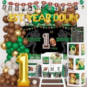 Costova First Year Down Birthday Party Decorations, 1st Birthday Decorations for Boy, Touchdown Themed Backdrop Balloon Banner Boxes Crown for One Year Old Football Birthday Party Supplies