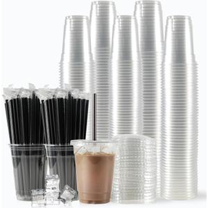 200 Sets - 12oz Plastic Cups with Lids and Straws, Disposable Cups for Iced Coffee, Smoothie, Milkshake, Cold Drinks - Clear