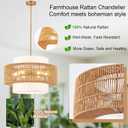 23.6" Boho Rattan Chandelier, 6-Light Large Rattan Pendant Light with Fabric Lampshade, Hand Woven Rattan Light Fixtures Farmhouse Boho Chandeliers for Dining Room, Living Room, Kitchen Island, Foyer