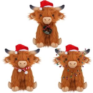 3 Pcs Christmas Highland Cows Stuffed Animal 11inch Scottish Highland Cows Plush Christmas Cute Cattle Plush with Santa Hat and Scarf for Stocking Xmas Birthday Present Holiday Decor