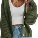 PRETTYGARDEN Women's Chunky Knit Open Front Sweater Long Sleeve Button Loose Short Cardigan Outerwear Coats (Medium, Army Green)