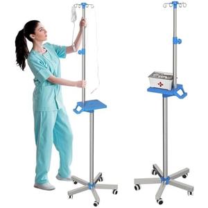 Rolling IV Pole with Tray - Stainless Steel 4 Hooks IV Stand with Wheels Height Adjustable for Clinic Home Care