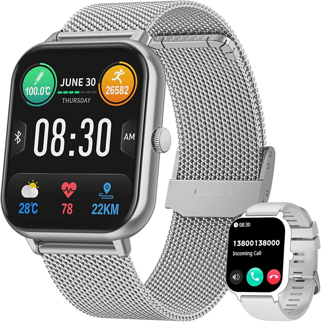 Smart Watch for Men Women Fitness: 1.83 Inch Bluetooth Call Smartwatch with Blood Oxygen Blood Pressure Monitor Compatible with Android Ios 100+ Sports Mode Heart Rate Monitor Step Counter IP67 Watch (Silver)