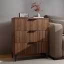 Wood Night Stand Fluted Dresser for Bedroom 3 Drawers End Tables Nightstand, Storage Modern Side Table Natural Walnut Bedside Table