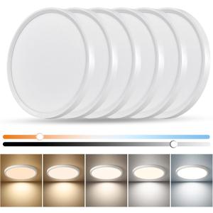 Dimmable 12Inch LED Flush Mount Ceiling Light, 24W, 2520LM, 2700K/3000K/4000K/5000K/6000K CCT Selectable,LED Round Flat Panel Light Dimmable from 5% to 100% for Bedroom,Kitchen,Hallway, White 6PK