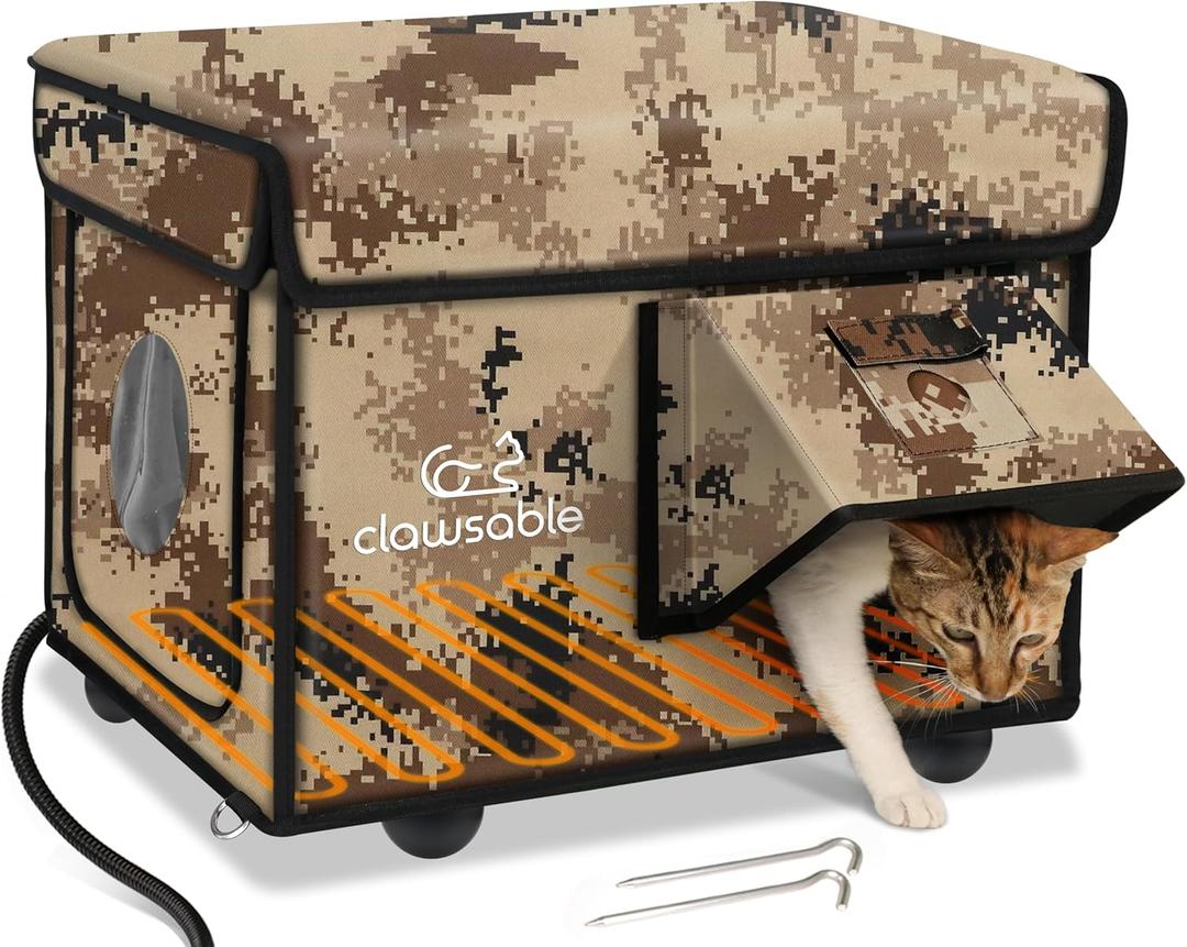 Sturdy Outdoor Heated Cat House for Winter, Insulated Heated Cat House for Outside with Two Door, Feral Cat Shelter with Waterproof Awning, Outdoor Cat House Barn Stray Kitty (16.0"L x 12.0"W x 14.0"H, Desert Camo)