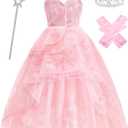 Pink Witch Costume for Girls with Crown Wand Gloves,Halloween Costume for Kids Girls Good Witches Princess Dress Up (4-5Years)