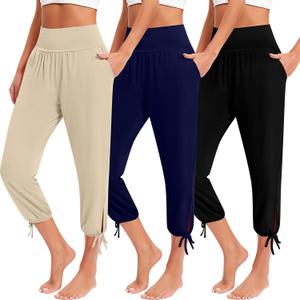 3 Pcs Women Capri Yoga Pant Casual Loose Workout Pant Lightweight Cropped Running Jogger Lounge Capri with Pocket (Small, Black, Royal Blue, Apricot)
