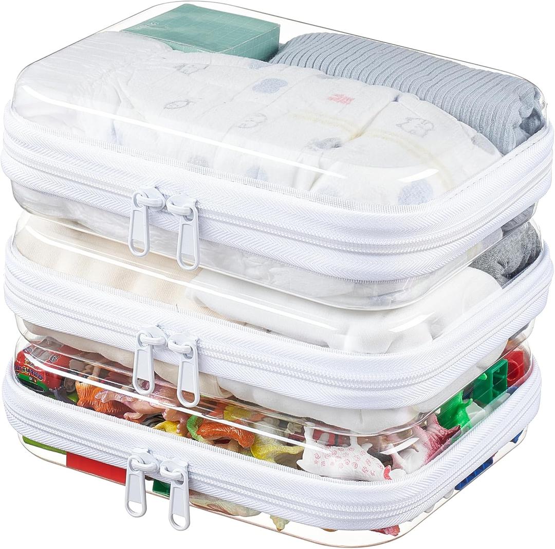 3-Pack Medium Clear Hard Shell Zipper Pouches, Clear Zipper Bags, Hard Case Pouches for Purse & Diaper Bag Organizer,and Travel Essentials (3M