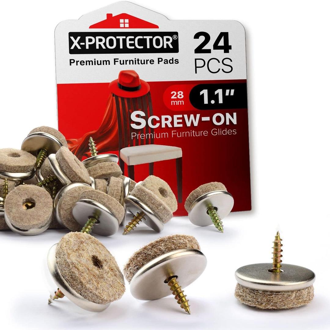 Screw-On Felt Pads X-Protector 24 Felt Chair Pads for Hardwood Floors 1.1" Premium Chair Glides Beige Floor Protectors for Furniture Legs The Best Furniture Sliders for Hardwood Floors