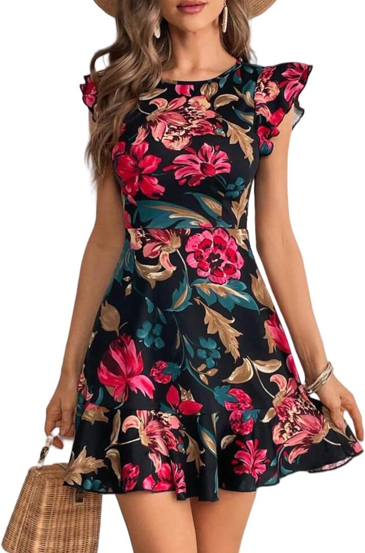 LIGHT DOT Women's Summer Dress Short Ruffle Sleeve Floral Dress A Line Casual Mini Dress