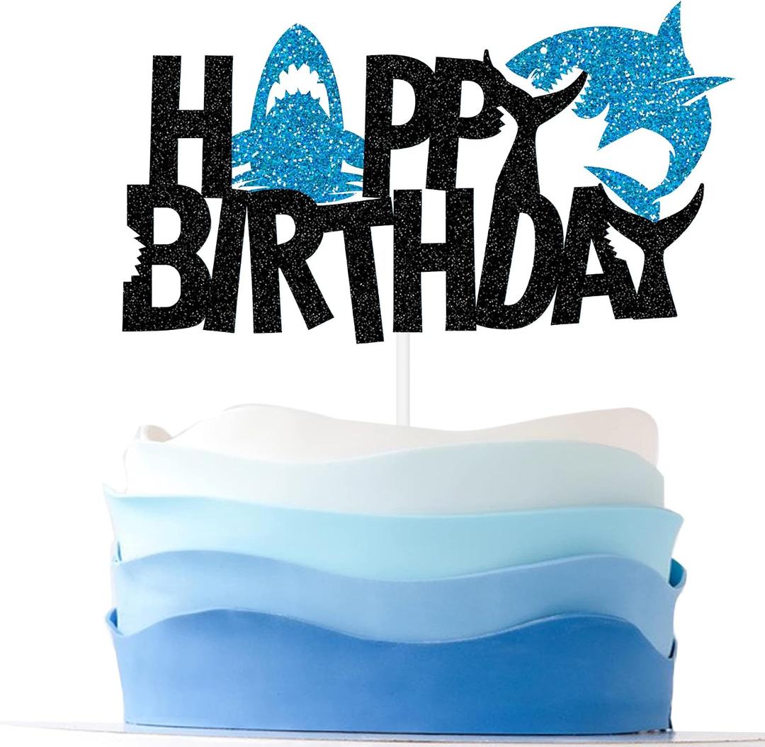 Shark Cake Topper - Happy Birthday Cake Topper for Boys Cute Shark Cake Decoration, Ocean Sea Animal Shark Theme Baby Shower Party Supplies