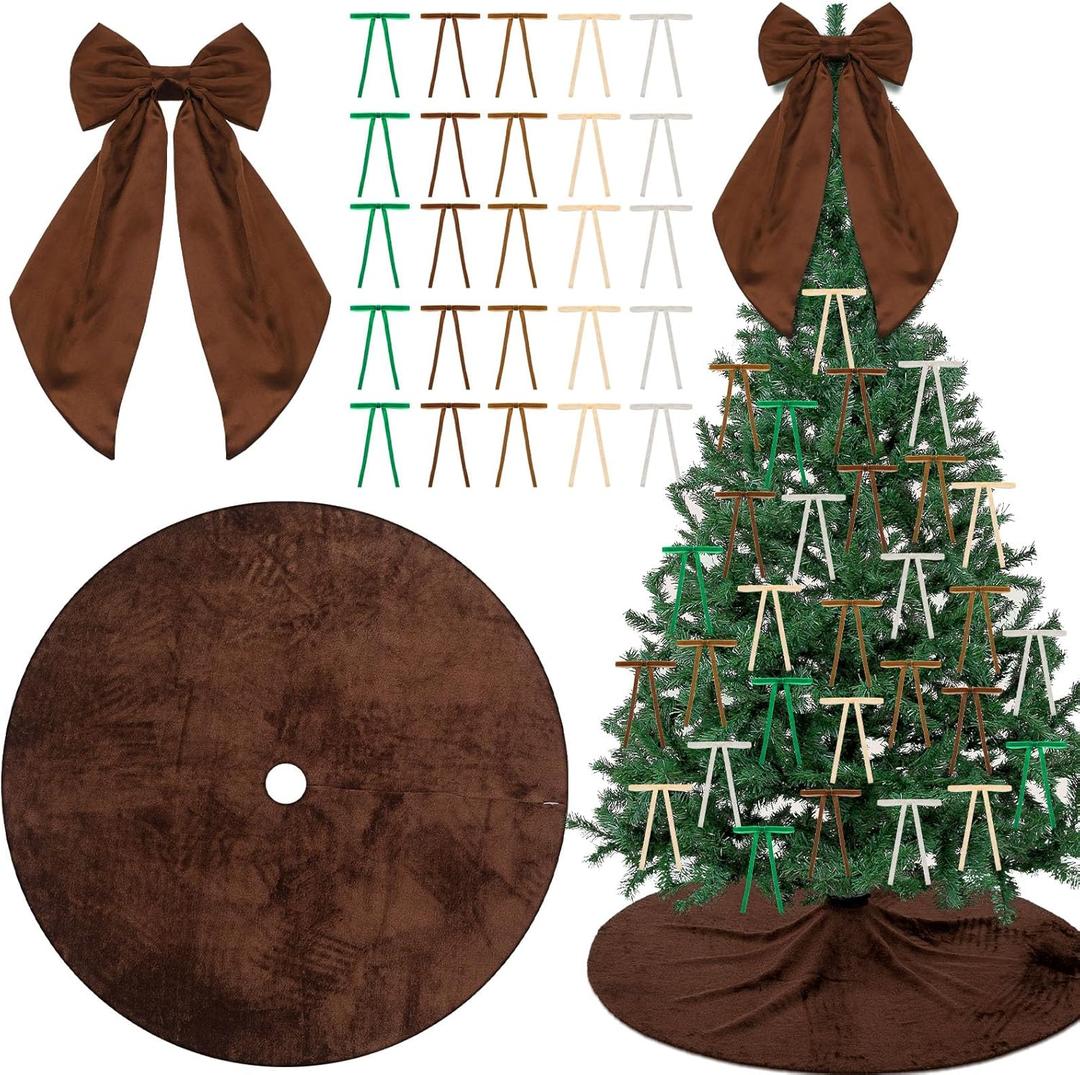 32 Pcs Vintage Brown Christmas Tree Decorations Brown Velvet Xmas Tree Skirt Large Topper Bow Christmas Ribbon Garland Wreath Ornament for Xmas Party Indoor Outdoor Decor