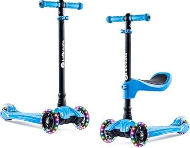 LaScoota 2-in-1 Kids Kick Scooter, Adjustable Height Handlebars and Removable Seat, 3 LED Lighted Wheels and Anti-Slip Deck, for Boys & Girls Aged 3-12 and up to 100 Lbs. (Purple)