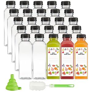 GUSTO [16 oz. - 25 Count Reusable Plastic Juice Bottles With Caps, Labels, Brush, and Silicone Funnel - Clear plastic Bottles with Caps, Juice Containers with lids, for All Beverages