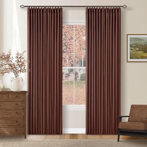 Chestnut Brown Pleated Linen Blackout Curtains 84 Inches Long for Bedroom Living Room Pinch Pleat Black Out Thermal Insulated Ring Hooks Back Tab Room Darkening Drapes Maroon Curtains with Liner