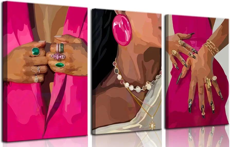 3Pcs Pink Black Woman Canvas Wall Art Trendy Black Girl Painting Picture Wall Decor African American Poster Print Artwork For Living Room Bedroom Home Decoration