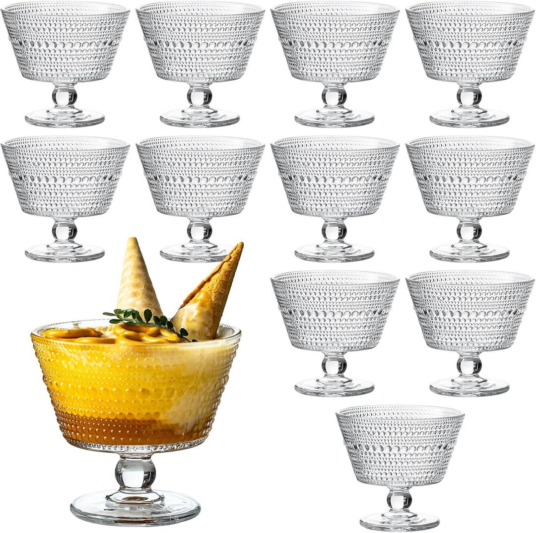 9oz Glass Ice Cream Bowls, Vintage Footed Sundae Cups,Glass Dessert for Dessert, Sundae, Ice Cream,Pudding, Jelly, Fruit, Snack, Cocktail, Condiment, Trifle (12)