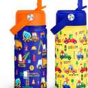 SANDJEST Kid Water Bottle 12oz with Straw Lid - 2-Pack Insulated Stainless Steel Water Bottles for Kids Boys Girls - Travel Cup for School Sports, Construction & Transportation