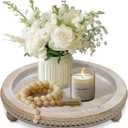 Round Candle Tray Holder Plates, Wooden Decorative Trays for Coffee Table Decor, Farmhouse Wood Riser Beaded Round Tray, Centerpiece Decor, Kitchen Table, Home Decor, Wash White